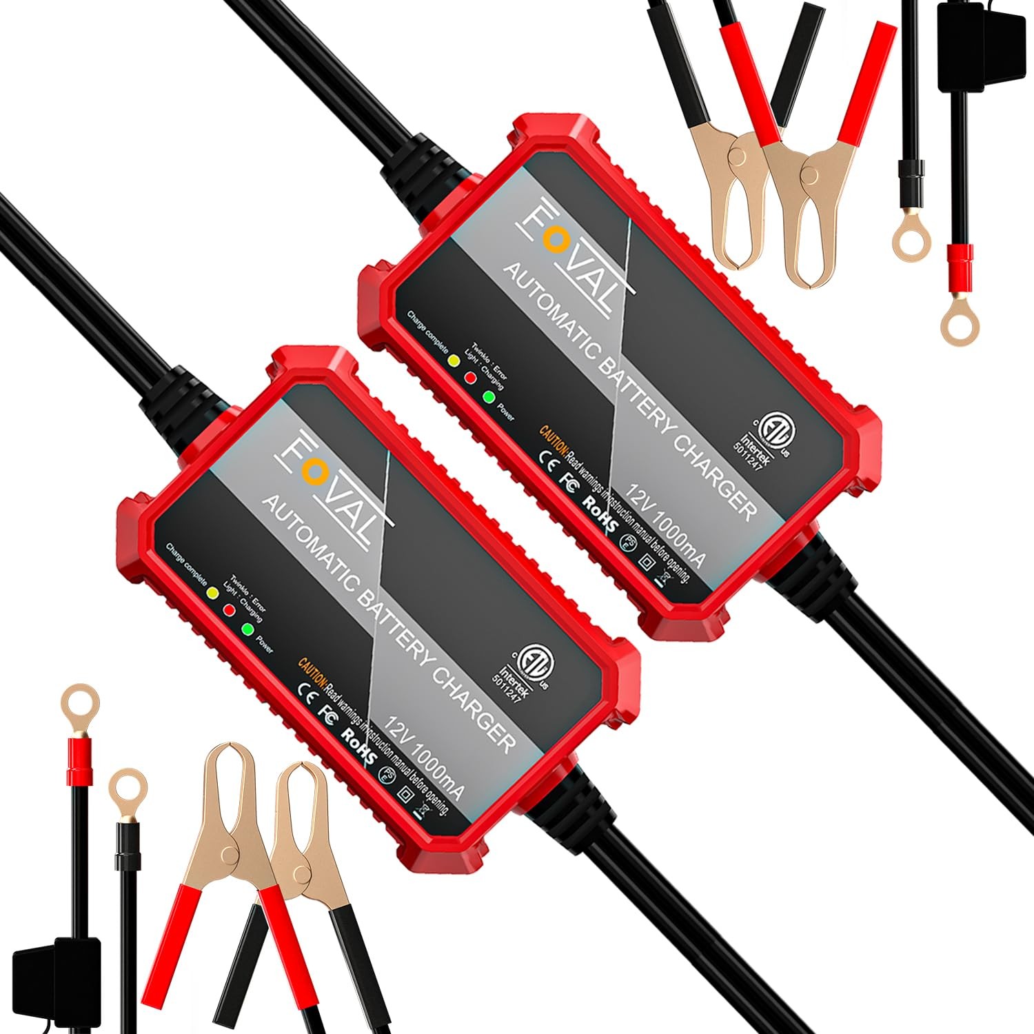[2-Pack] FOVAL Fully Automatic Trickle Charger, 1000mA 12V Smart car Black
