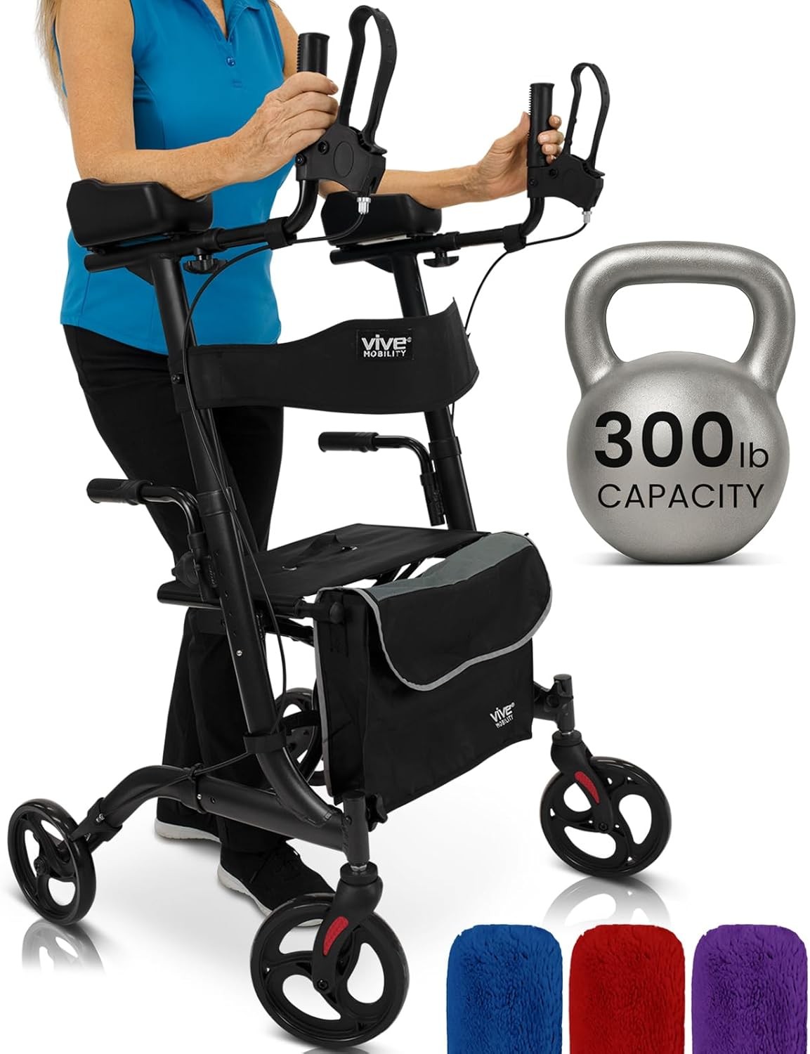 Vive Mobility Upright Walker with Seat - Stand Up Rollator, Arm Rests, Heavy Dut