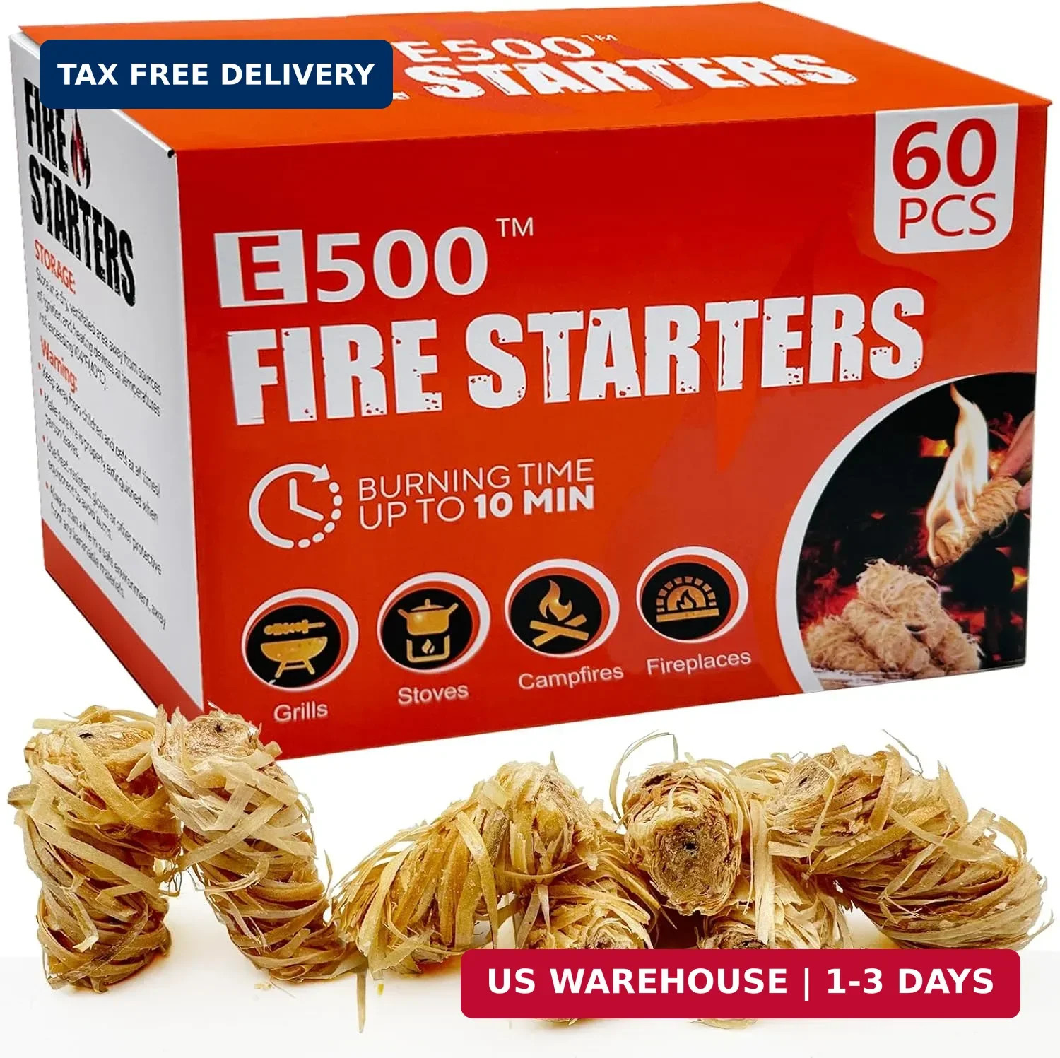 E500 Fire Starter - Natural Fire Starters for Fireplace, Campfires, Chimney, BBQ