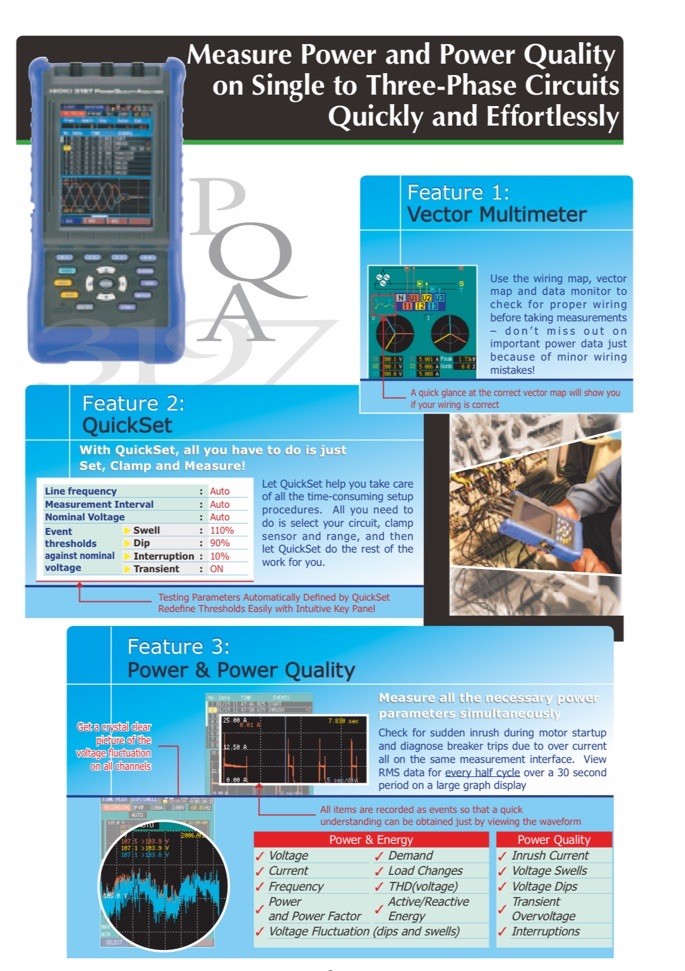 Hioki 3197 Three Phase HandHeld Power Quality Analyzer Meter