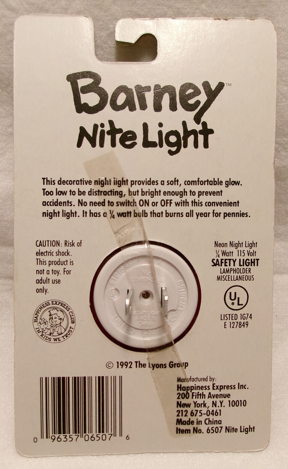 Barney Nite Light, 1992 never opened pkg, train conductor design, 6507
