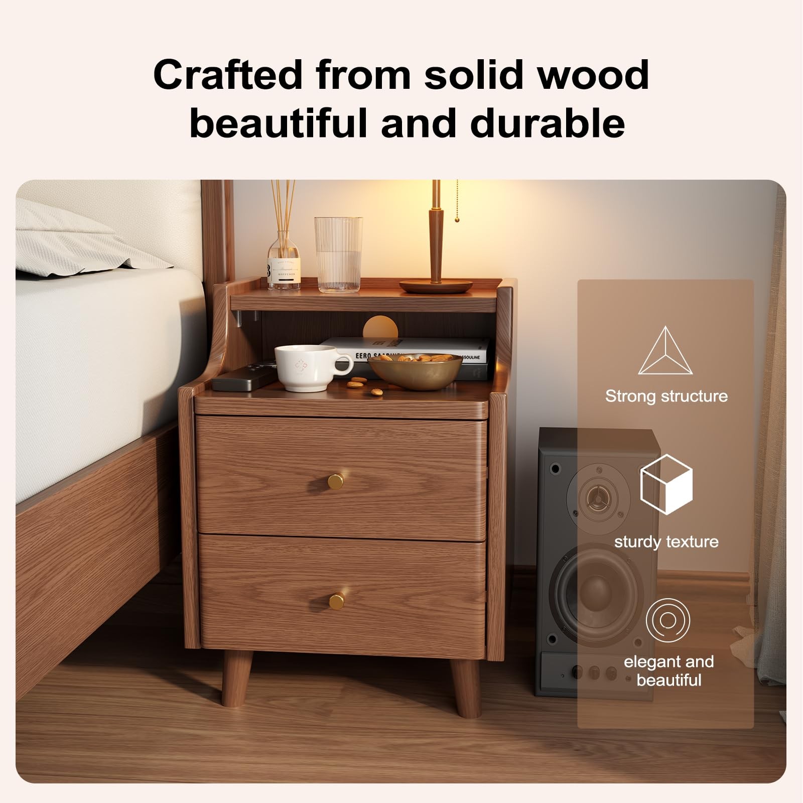 Narrow Nightstand with 2 Drawers,Walnut Nightstand,Bedside Table,Solid Wood M...