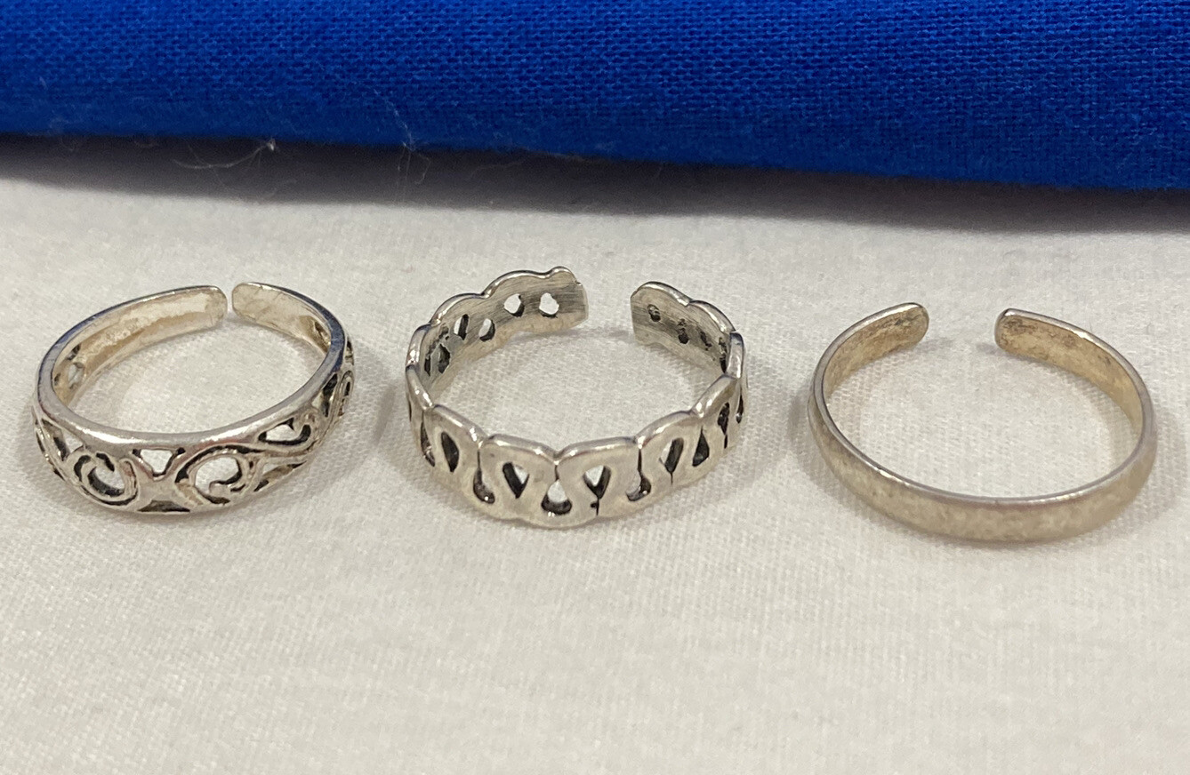 Vintage SIGNED 925 Solid Sterling Silver PLAIN & CUT OUT TOE RING MIXED LOT 3