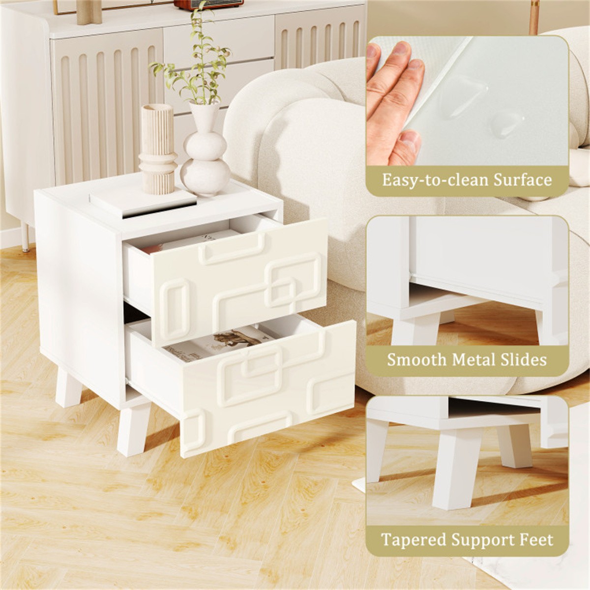 White Modern Nightstand Side Table with Drawers
