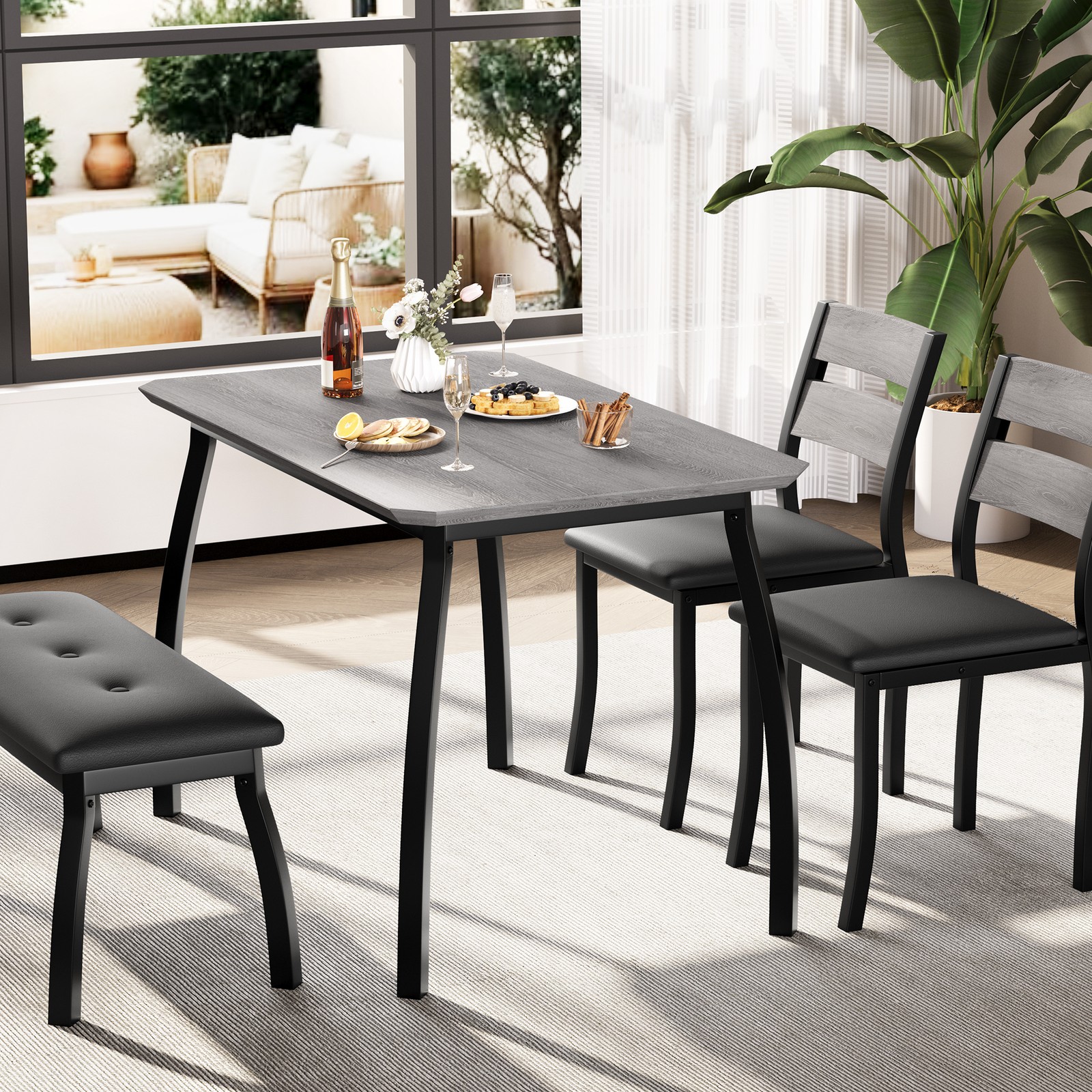 Space-Saving Dining Table Set for 4 Table 1 Upholstered Bench 2 Cushioned Chairs