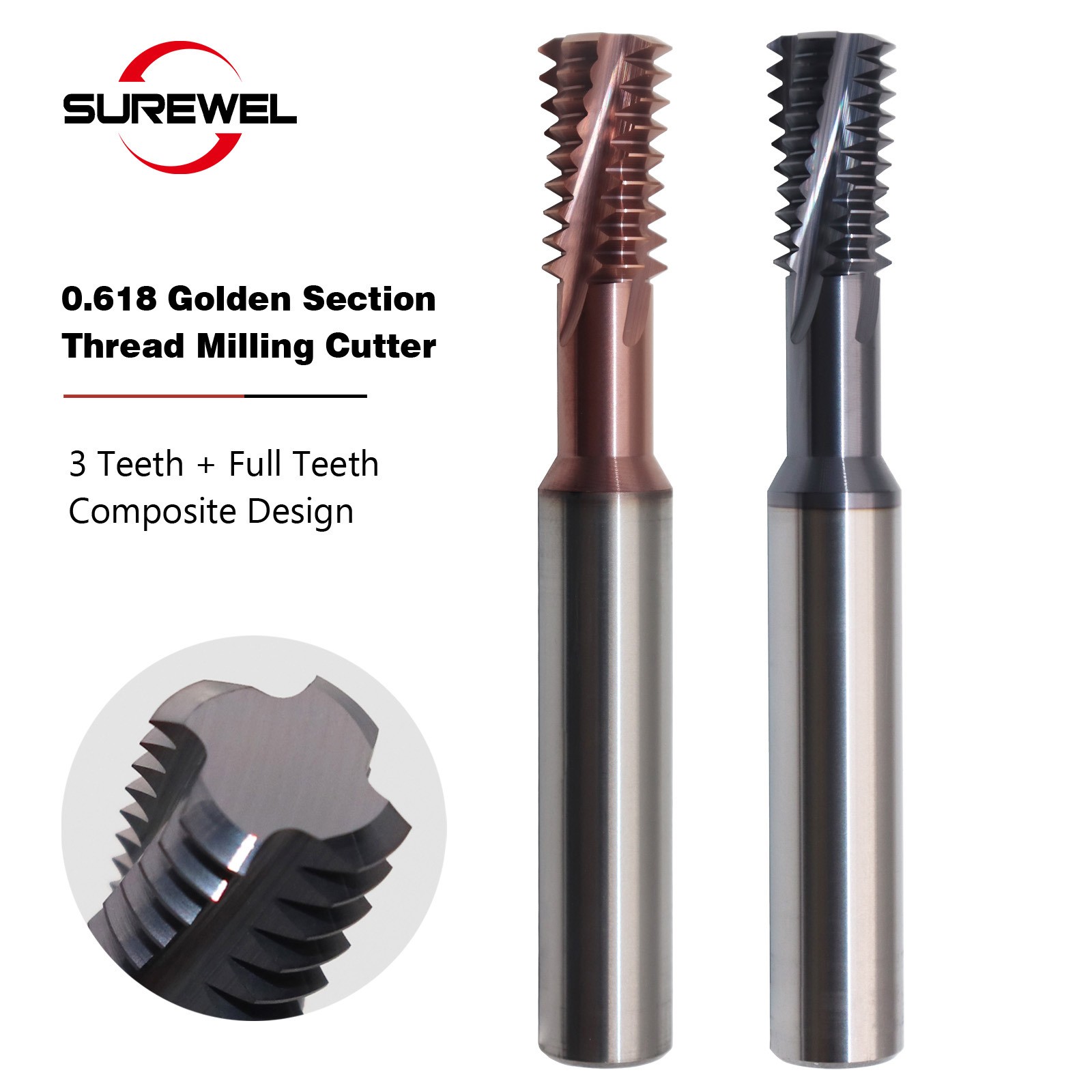 Full-Tooth & 3-Flute Hybrid Design Golden Section Point Thread Milling Cutters
