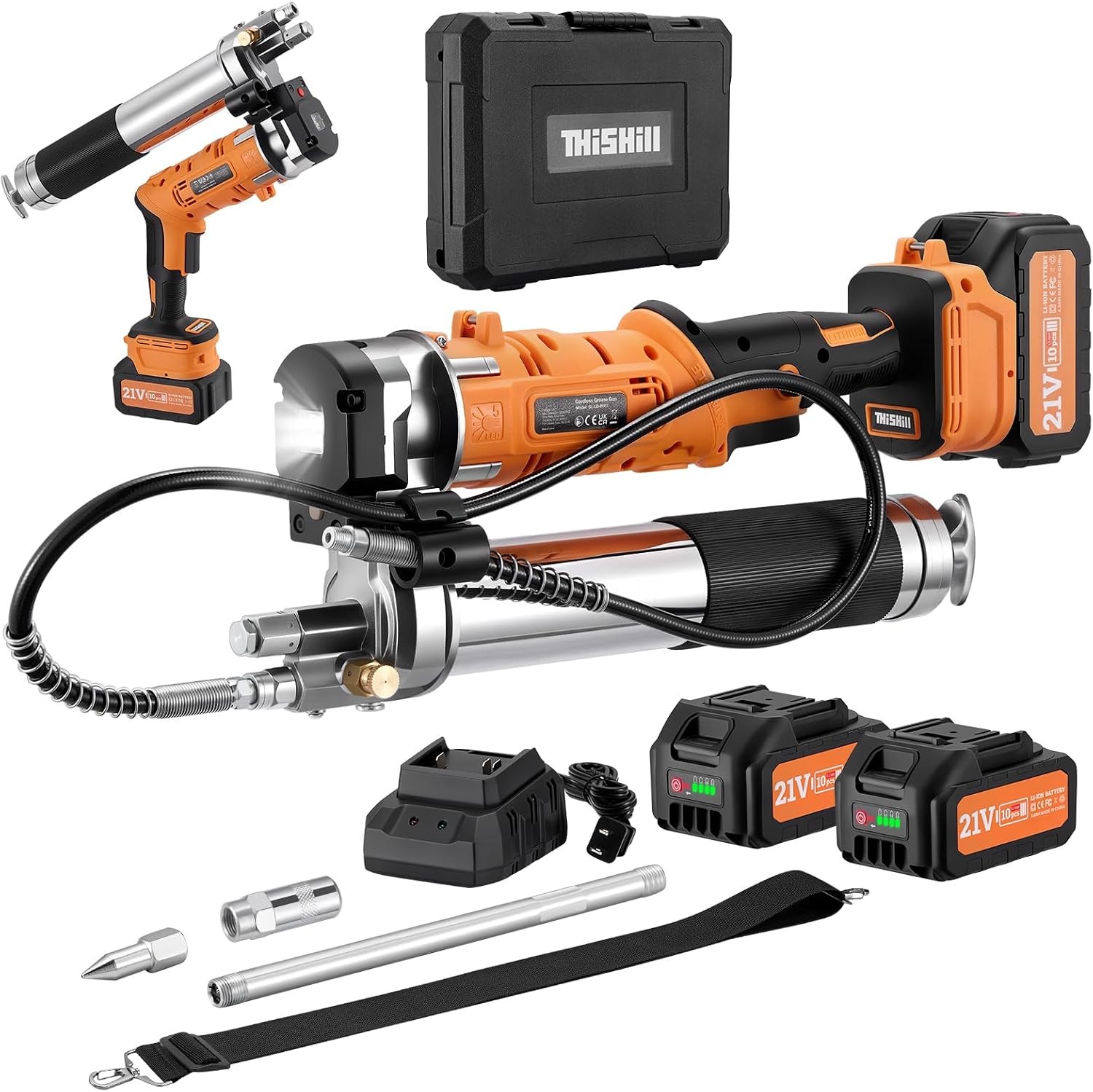 21V Cordless Grease Gun 12000PSI 2 Batteries 3000mAh LED Light Shoulder Strap