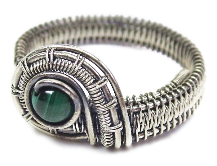 Malachite Adjustable Ring, Woven in Sterling Silver Wire