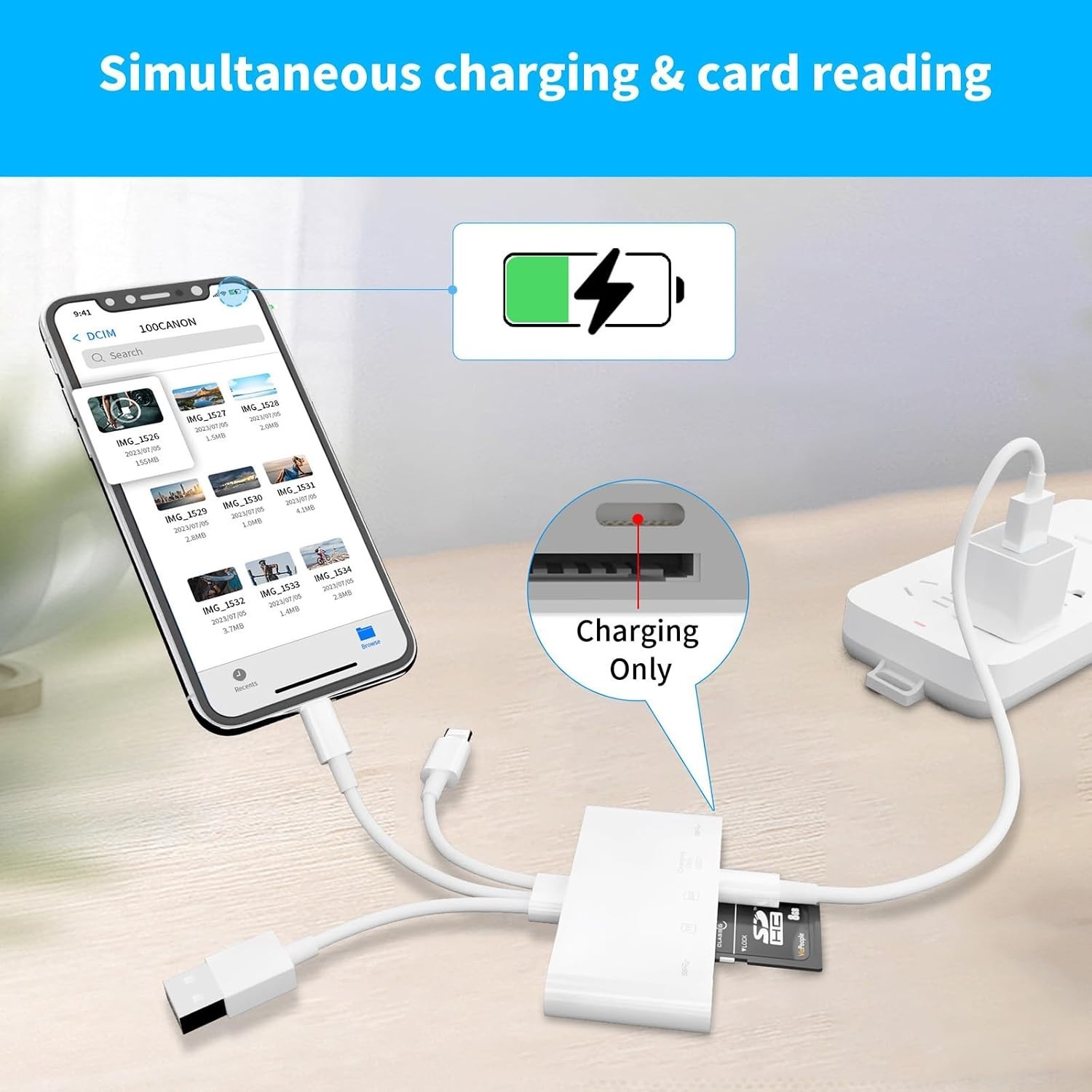High-Speed 5-in-1 SD Card Reader for iPhone with Simultaneous Charging