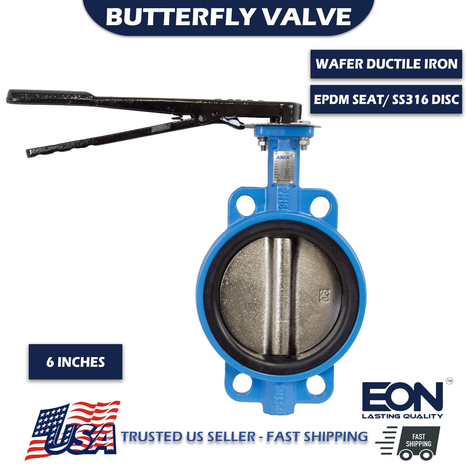 6" Wafer Butterfly Valve 200PSI, Ductile Iron Body EPDM Seat, SS316 Disc