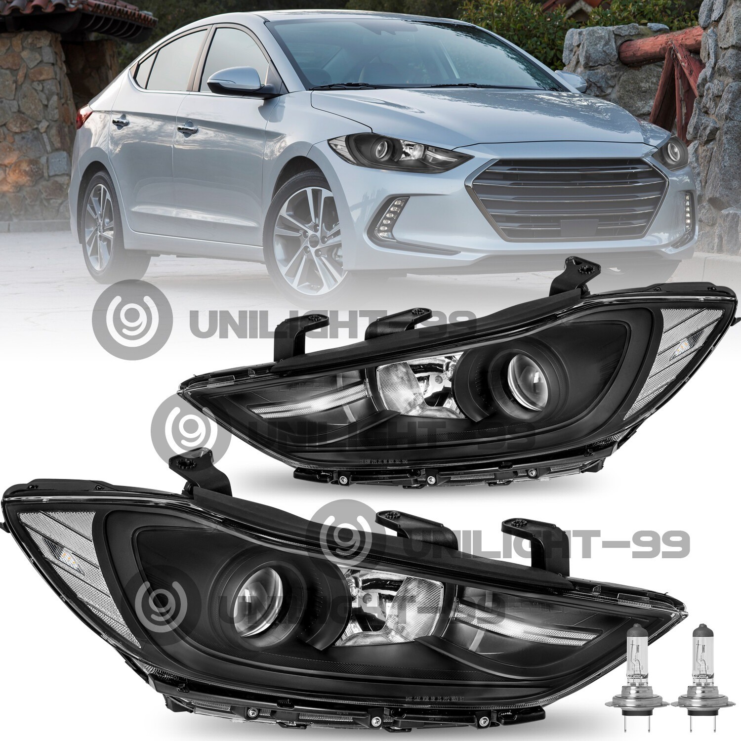 For 2017 2018 Hyundai Elantra Halogen Headlights Assembly Headlamps w/Bulbs Pair