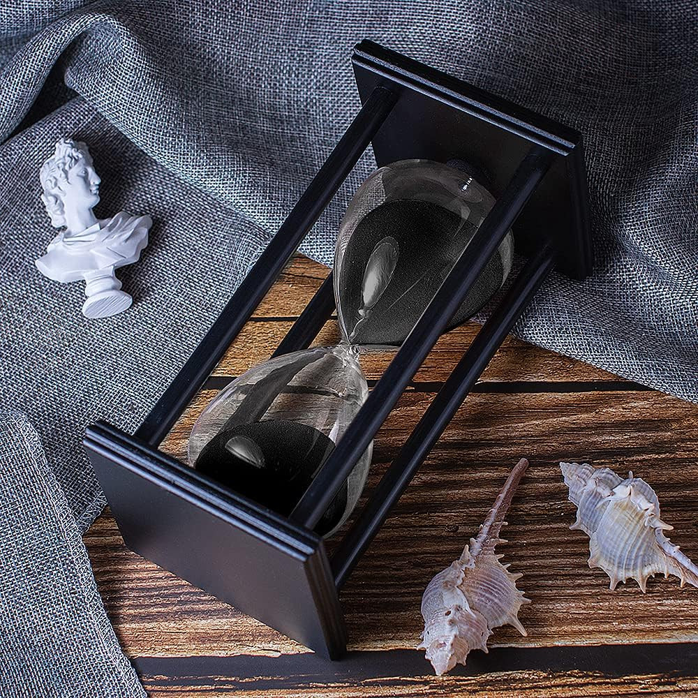 Hourglass Timer with Black Sand, 60 Minute Wooden Frame Sand Timer, Creative Han
