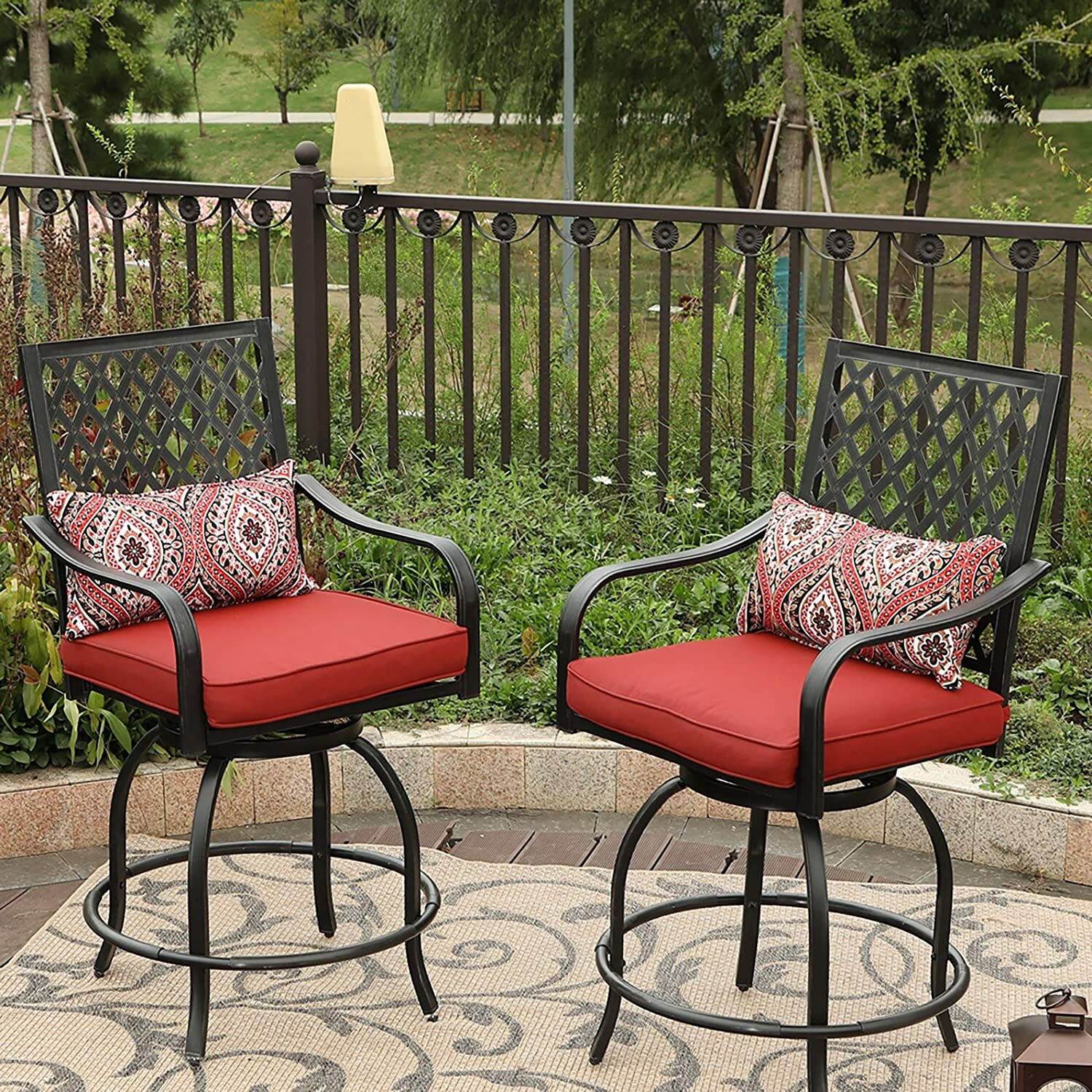 Outdoor Patio Swivel Chairs Set of 2 Bar Height Stools Bistro Set with Cushion