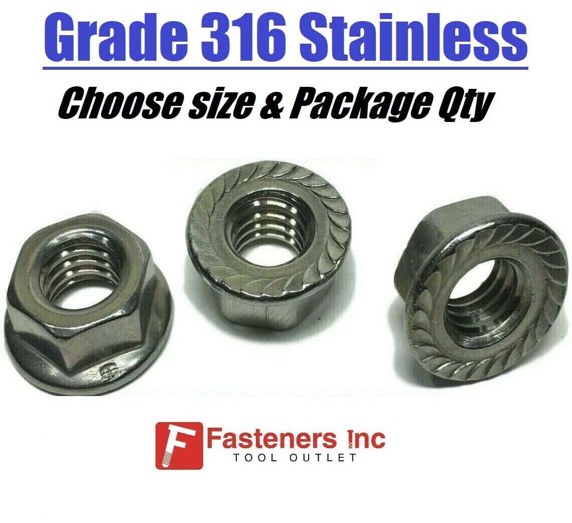 (All Sizes & Qty's) Grade 316 Stainless Steel Serrated Flange Lock Nuts