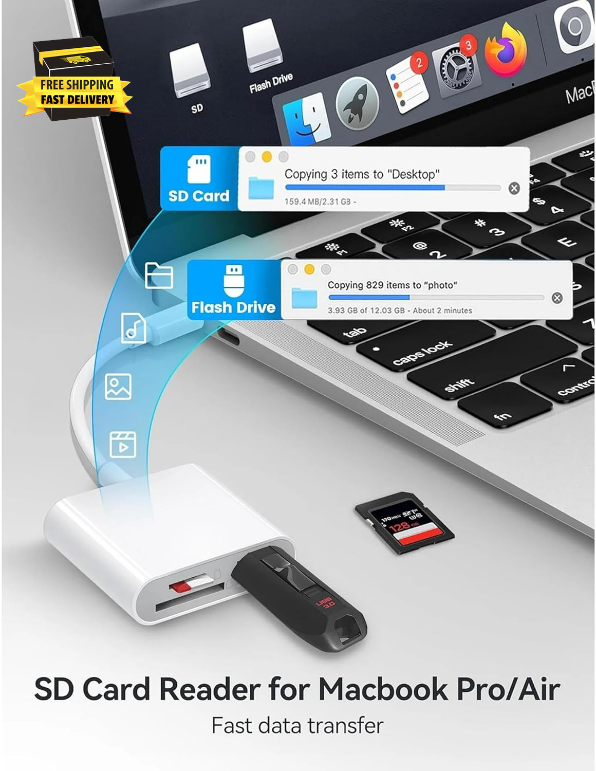 USB C SD Card Reader for Iphone 15 Ipad Mac 3 in 1 USB-C Memory Trail Camera Car