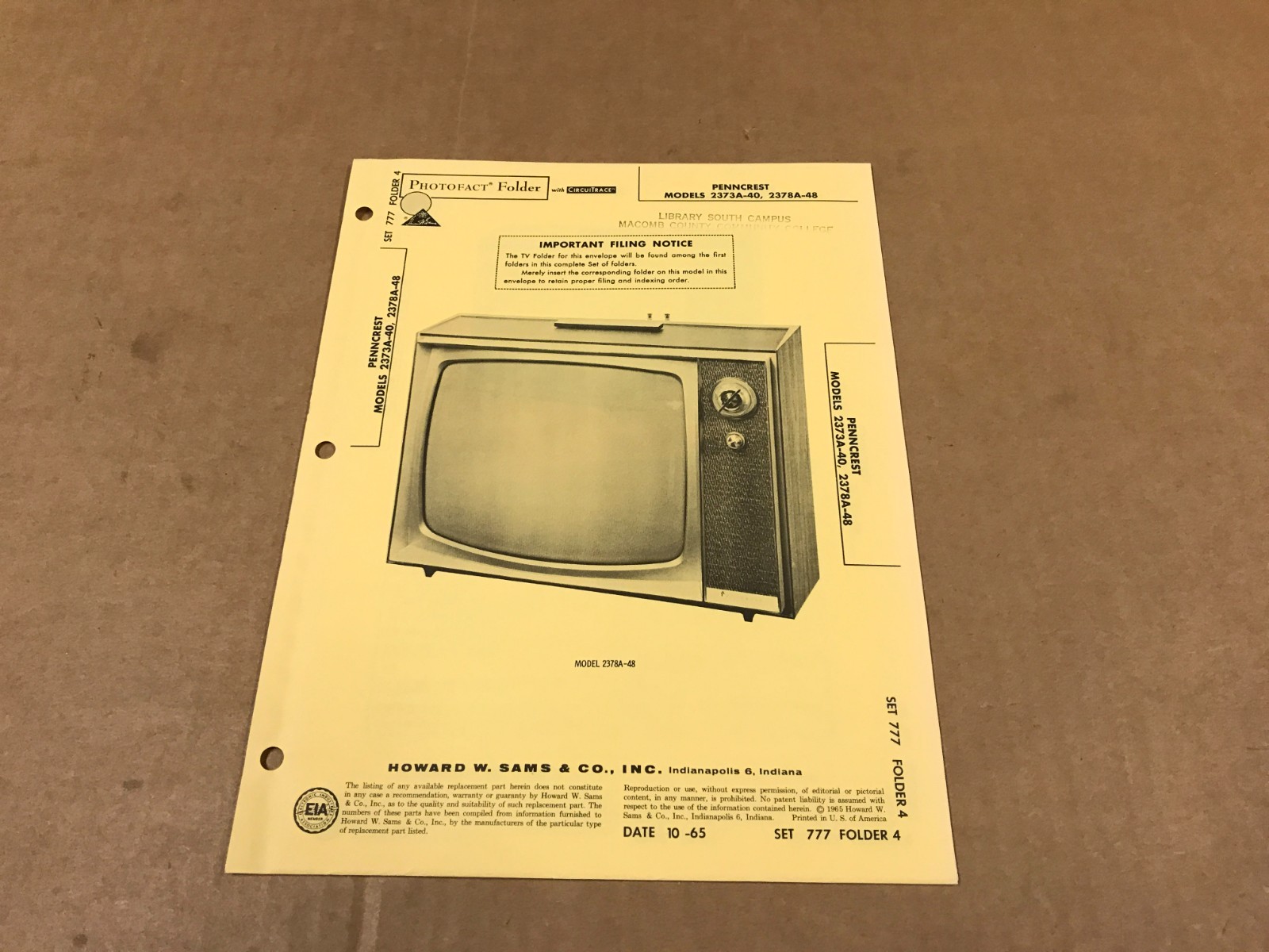 Vintage Photofact Folder - 777-4 - Penncrest TV Model, 2373A-40,2378A-48