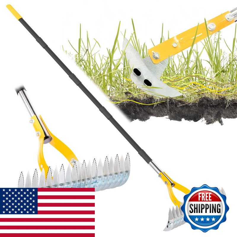 Blumetrec Thatch Rake For Lawn 74Inch Handle 15 Inch Dethatcher Rake For Grass