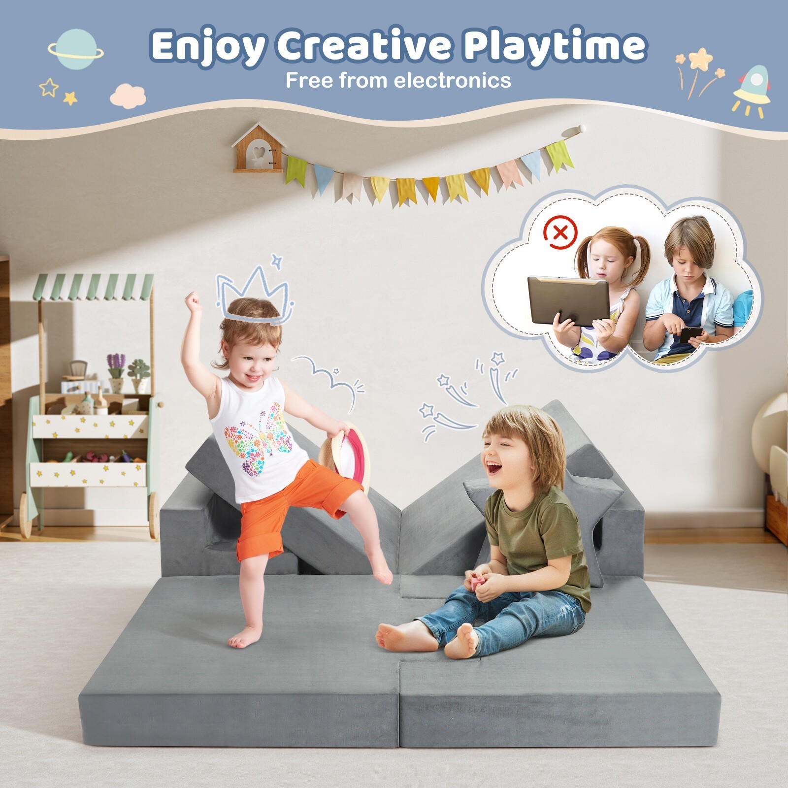 Modular Kids Play Couch for Playroom Bedroom, 9 in 1 Gray, Kids Large Game Toy
