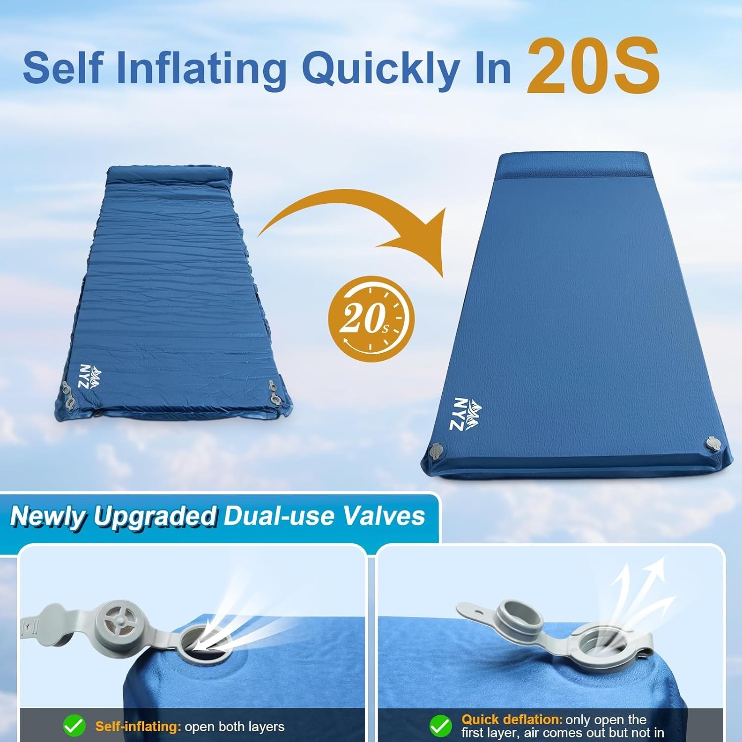 Self Inflating Sleeping Pad Camping 3.1" Ultra-Thick Memory Foam Camping