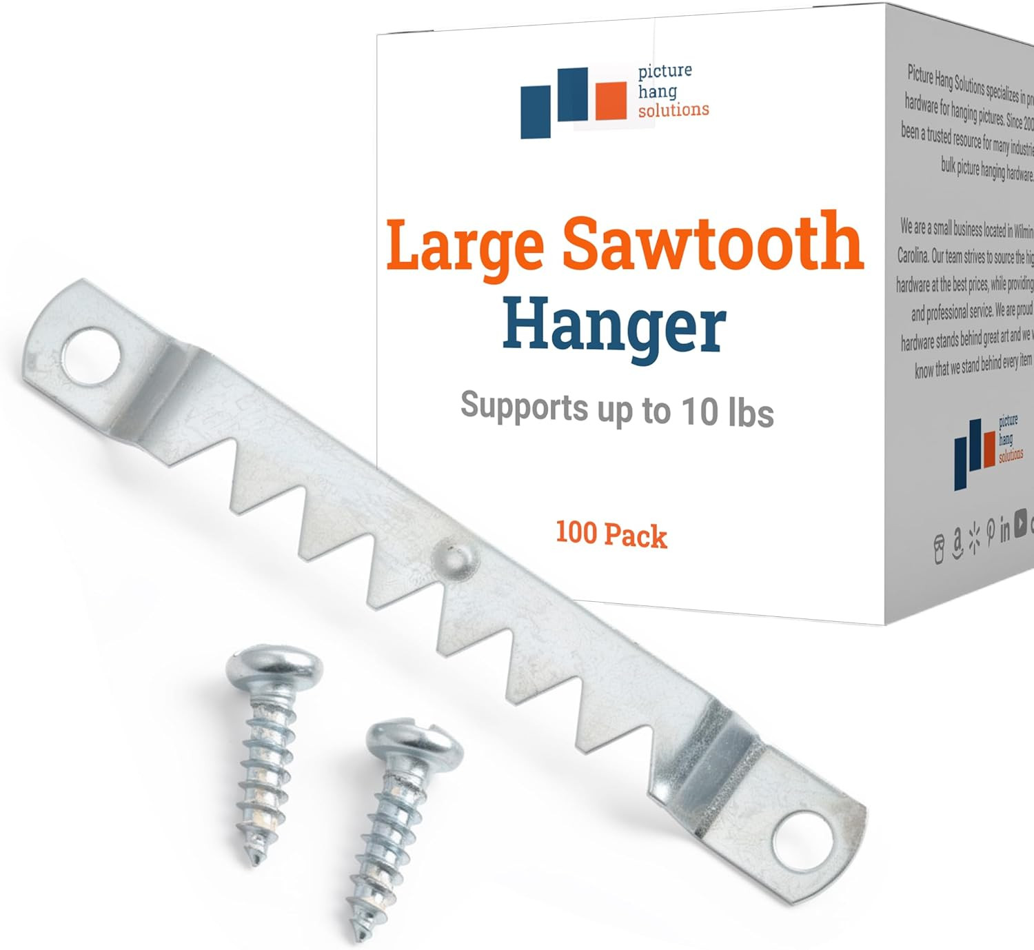 PHS Large Sawtooth Picture Hangers, Holds 10 Lb, 100 Pack with Screws | 2 5/8