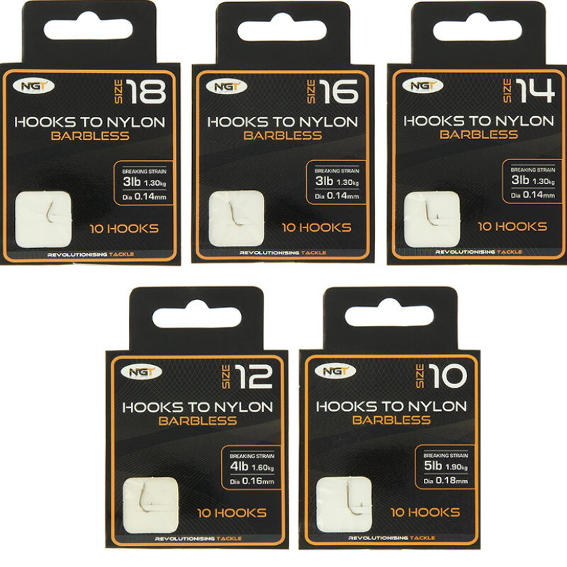 NGT Barbless Hooks To Nylon SIZES 10 12 14 16 18 Match Coarse Carp Fishing