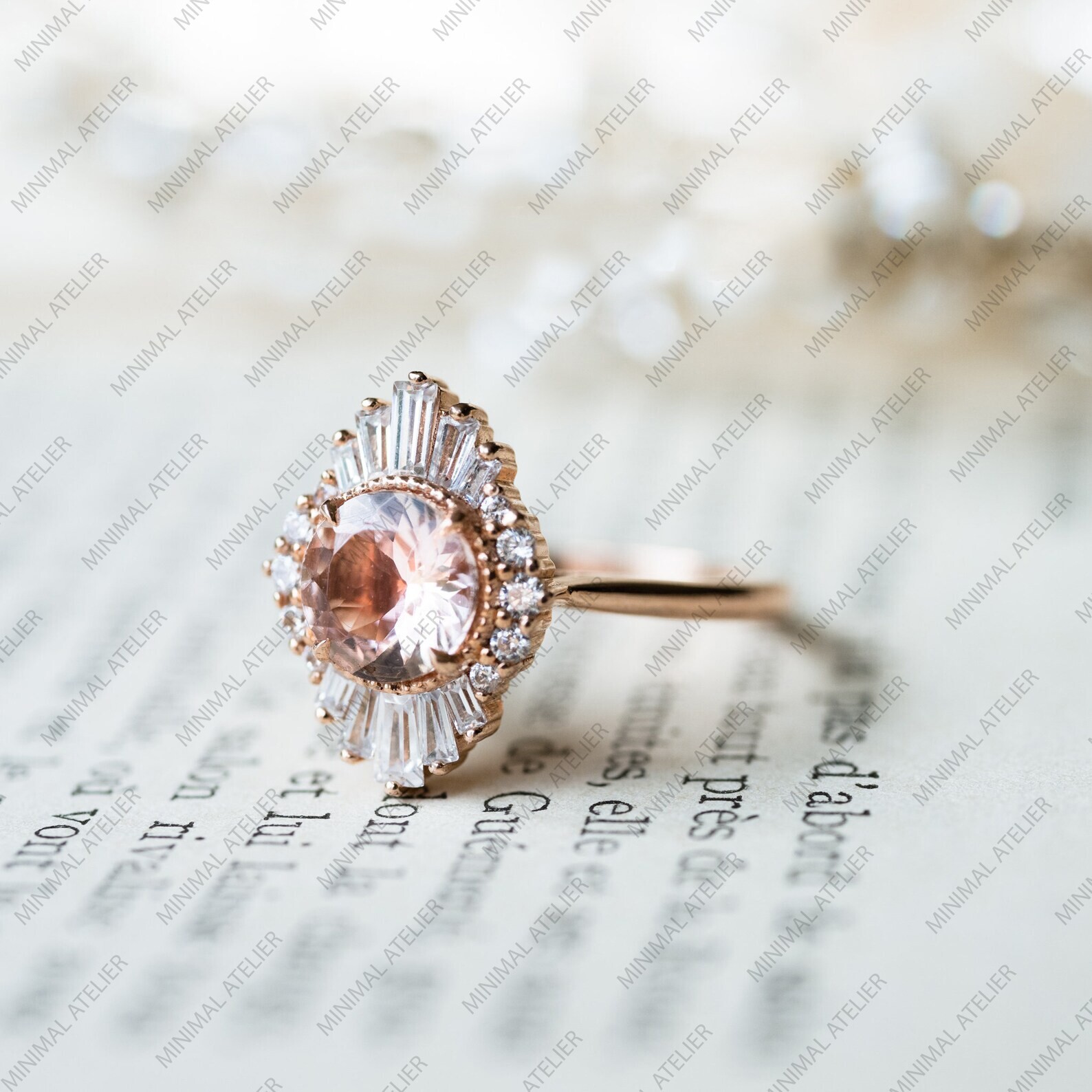 Art Deco Starburst Ballerina Morganite & Cubic Zirconia Ring,925 Sterling Silver