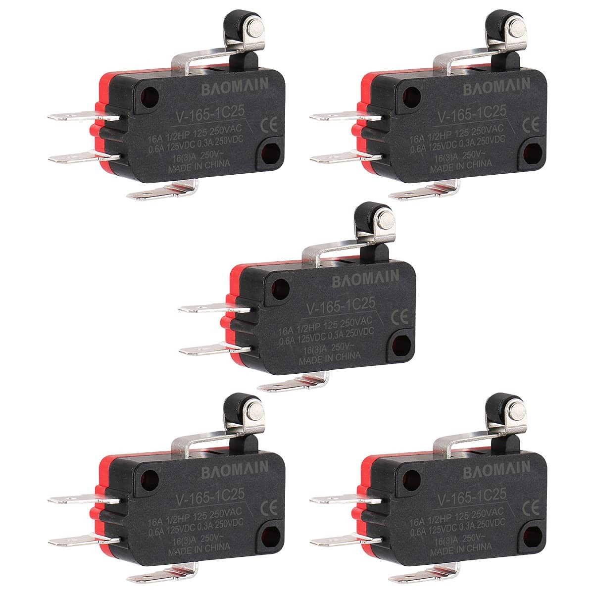 Baomain 5-Pack Micro Switch SPDT Momentary Snap Action 16A 250V AC, 1NO 1NC,...
