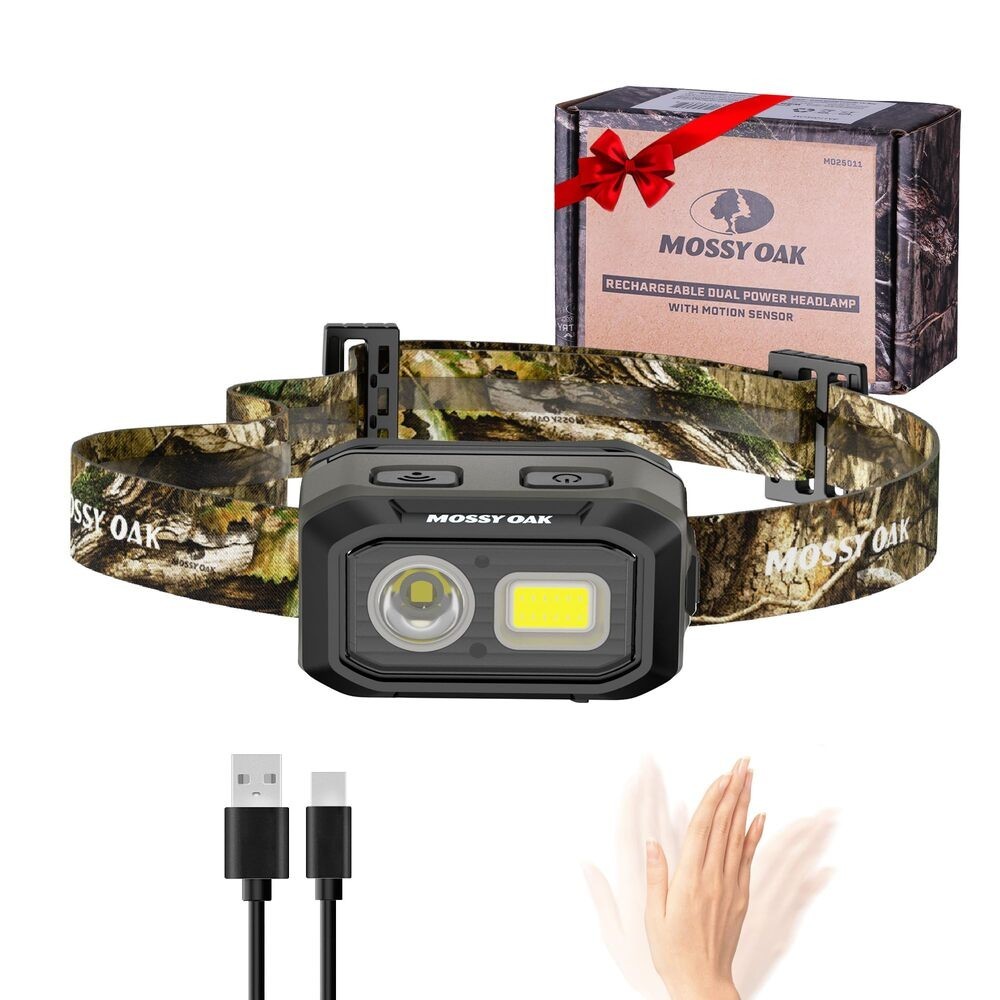 Mossy Oak LED Headlamp Motion Sensor Dual Power Source Head Light 4 Modes