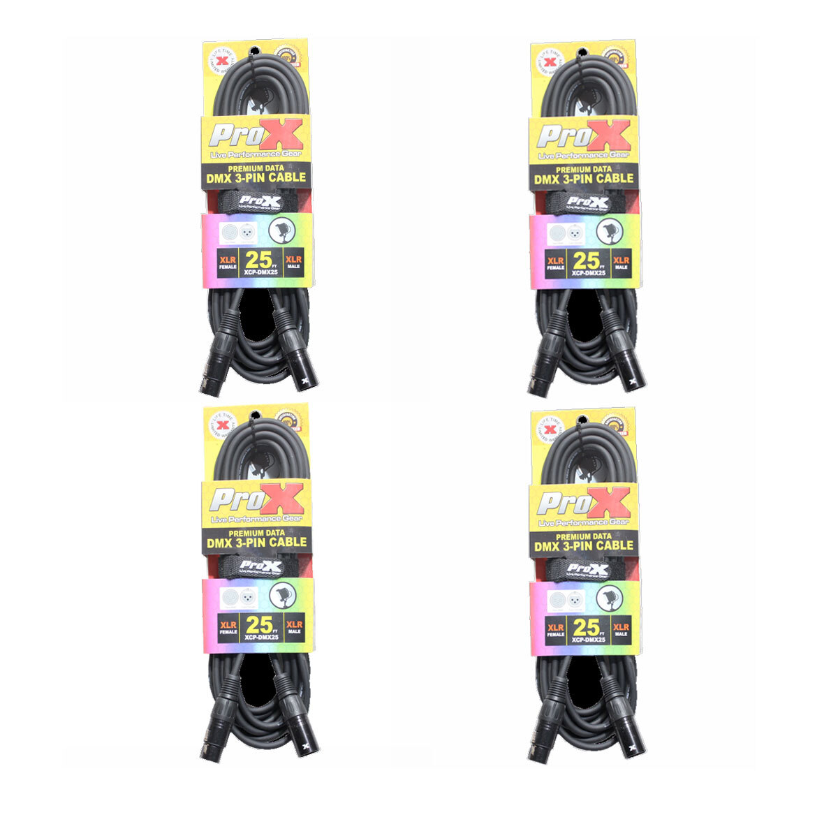 4 Pack Pro X 25 Ft. DMX XLR3-M to XLR3-F Premium Cable