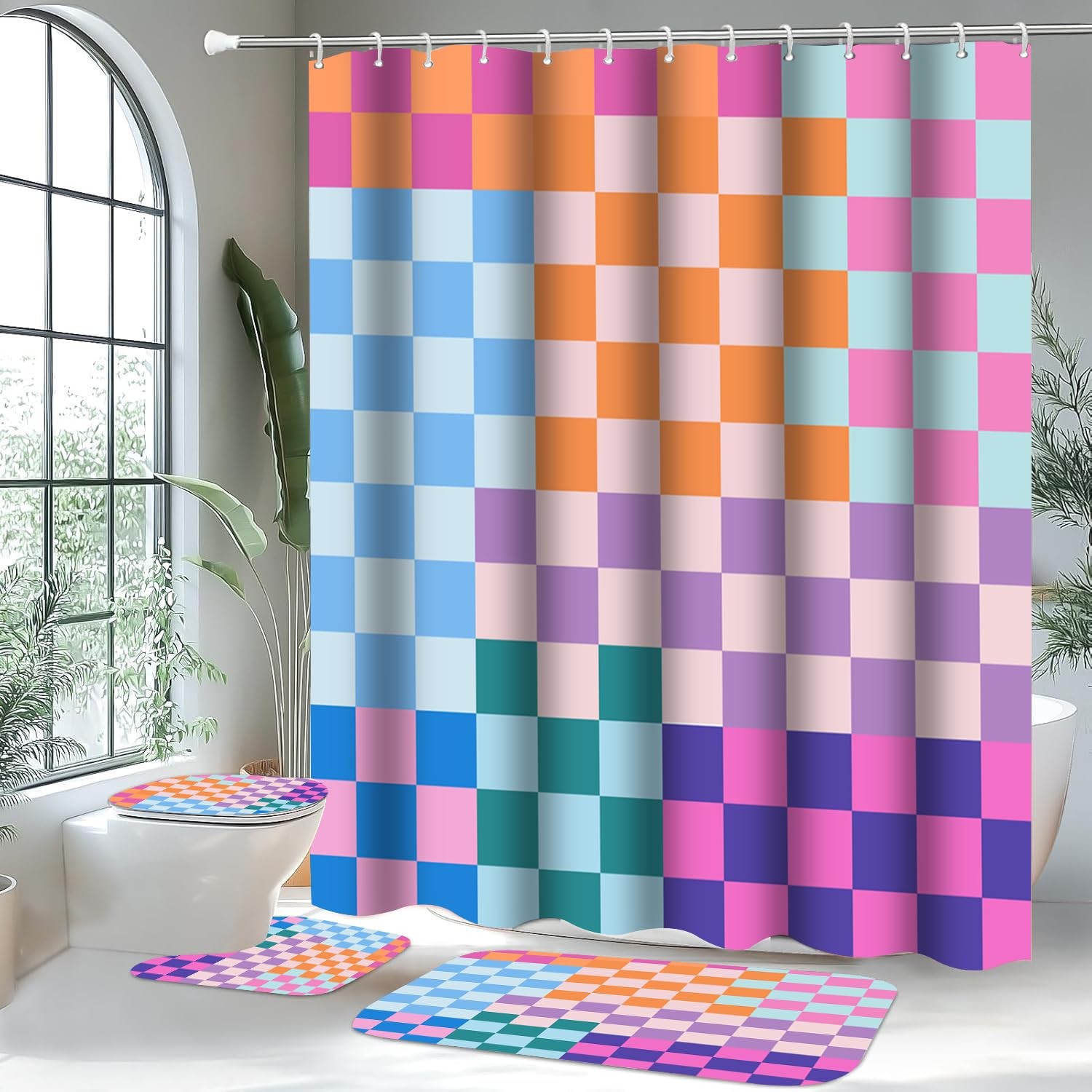 4 PCS Checkered Shower Curtain Sets Fun Gingham Bathroom Sets Soft Non Slip B...