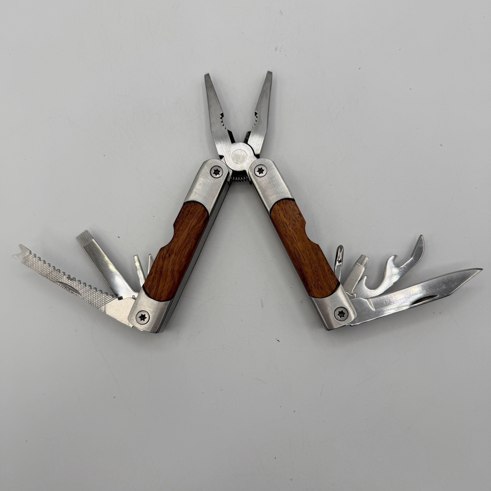 Sheffield 9 Multi-Tool Wood Handle Stainless-Steel Blade Pliers Saw Knife Opener