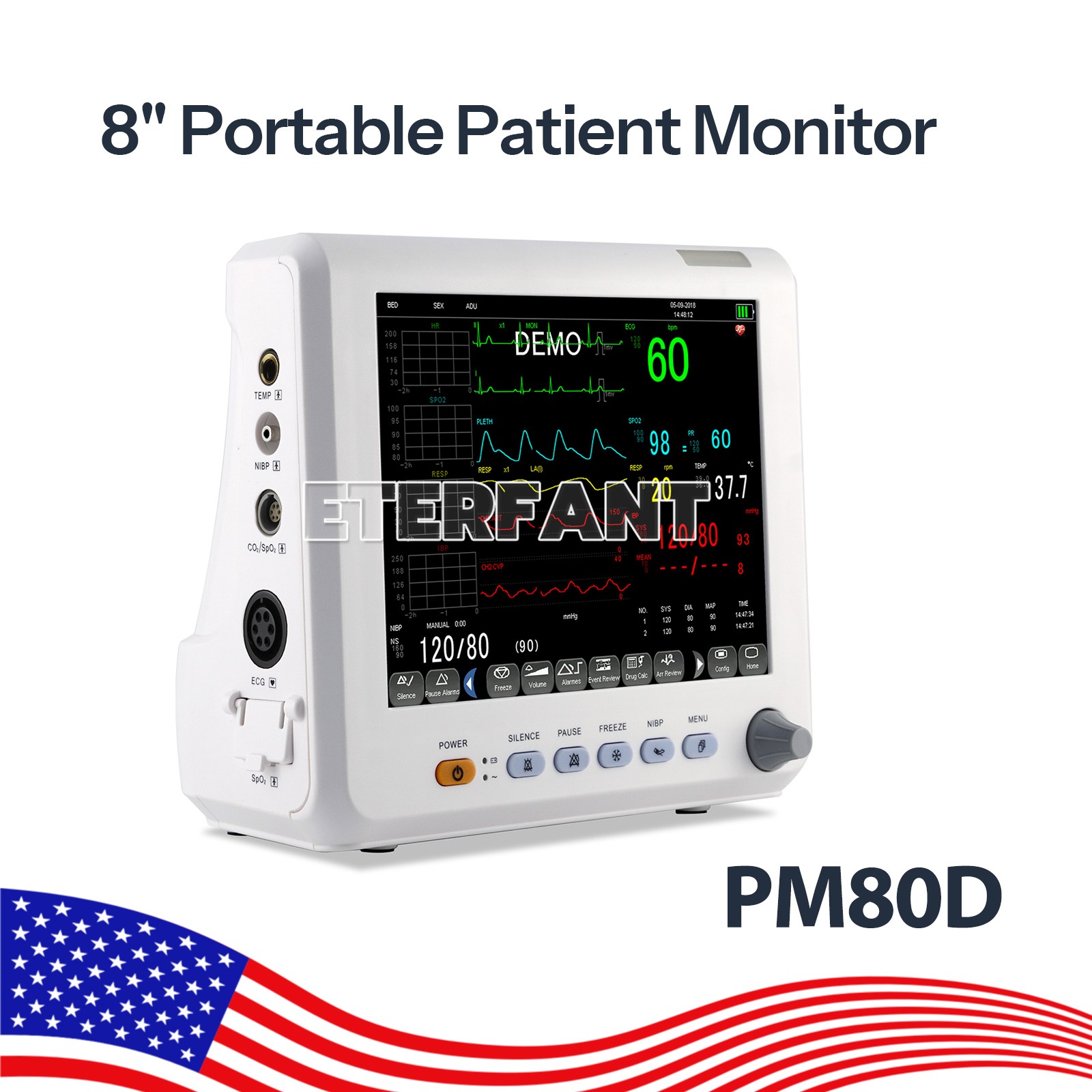 8'' Patient Monitor ICU CCU Vital Sign for Hospital ECG NIBP RESP TEMP SPO2 PR
