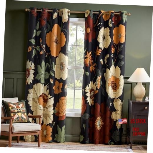 Lora Floral Curtains for Bedroom Blackout 50"W x 84"L (Pack of 2) Lora Black