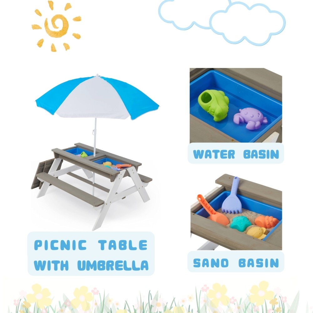 Kids Sand & Water Activity Table with Umbrella, Convertible Picnic Table