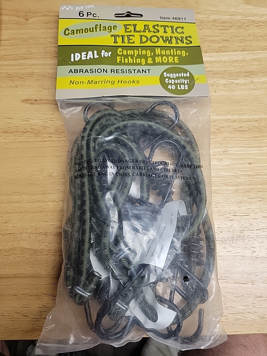 NEW 6 PIECE CAMOUFLAGE HEAVY DUTY BUNGY CORDS 40LB CAPACITY. Bn2