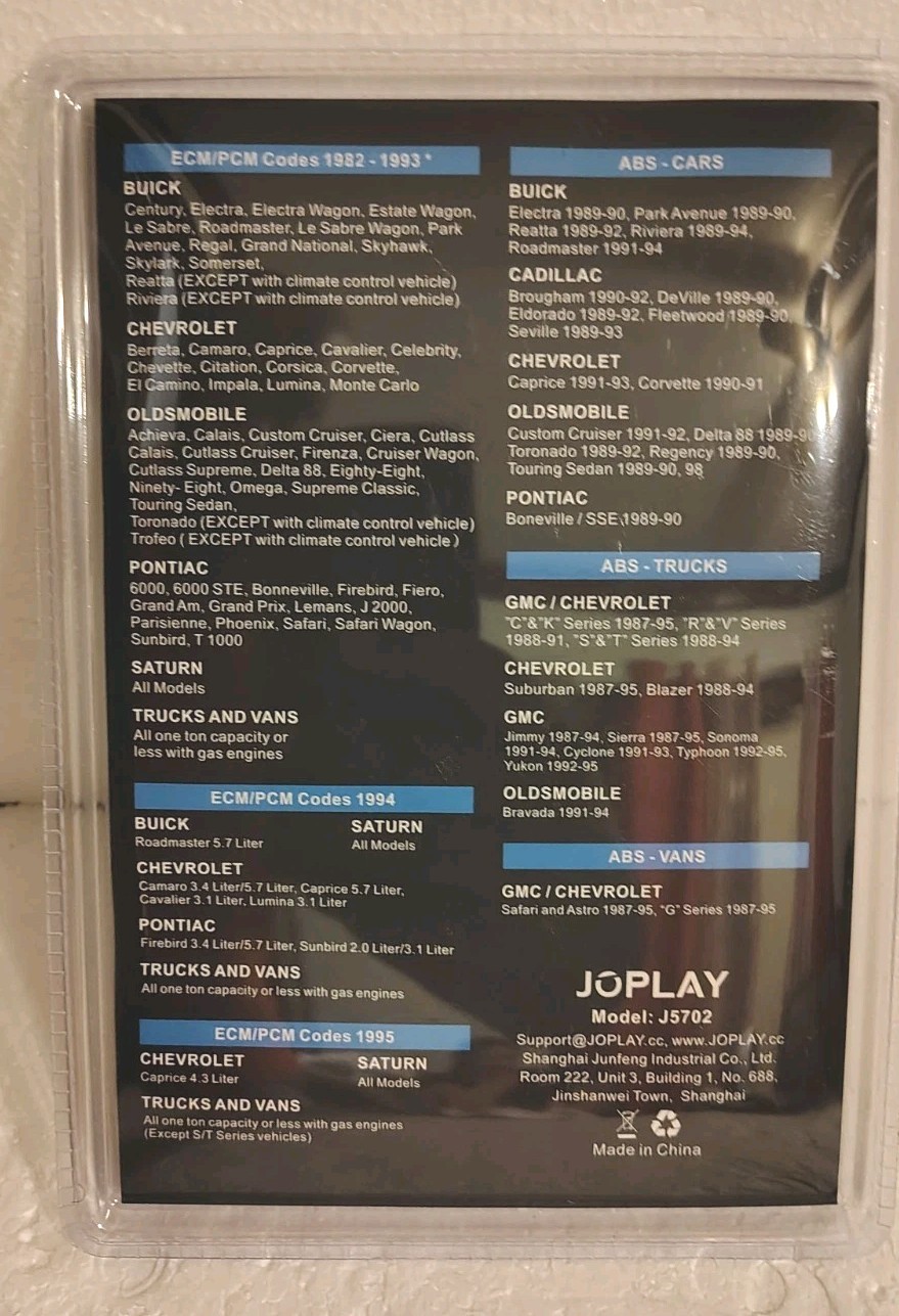 New JoPlay GM OBD Code Reader Model No. J5702 1982-1995 GM & Saturns