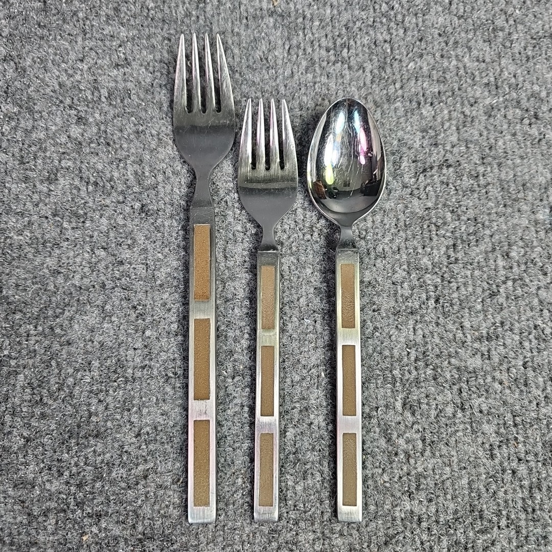 Stanley Roberts MCM Flatware Stainless Composite Wood Inlay Fork Spoon Japan