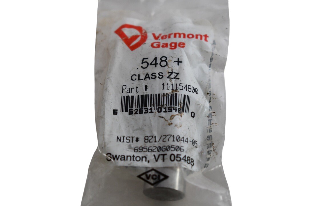 NEW Vermont Gage 111154800 Pin Gage, Plus, Class ZZ, 0.548