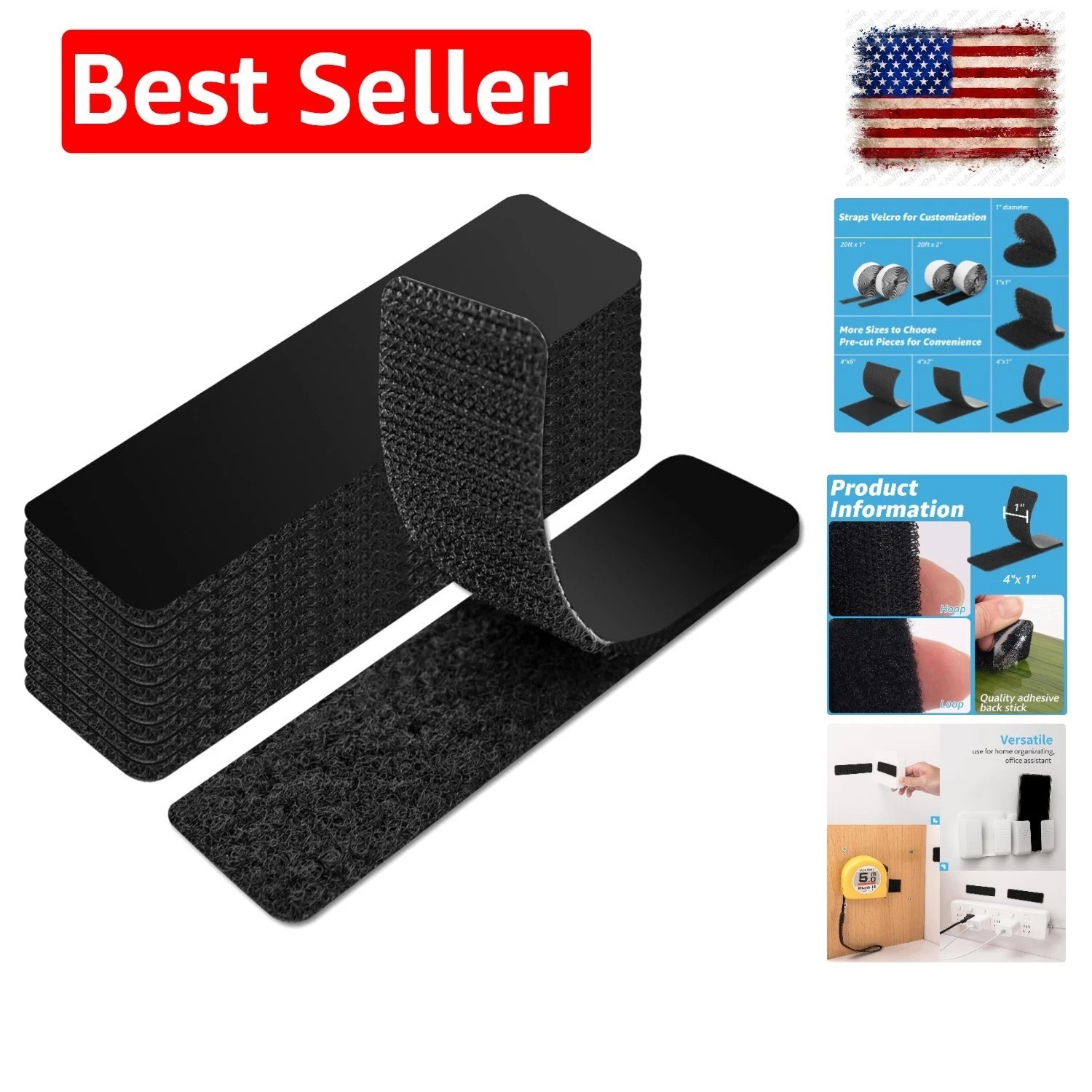 16 Sets Hook and Loop Tape Sticky Back,1 in.x 4 in. Double-Sided Command Adhe...