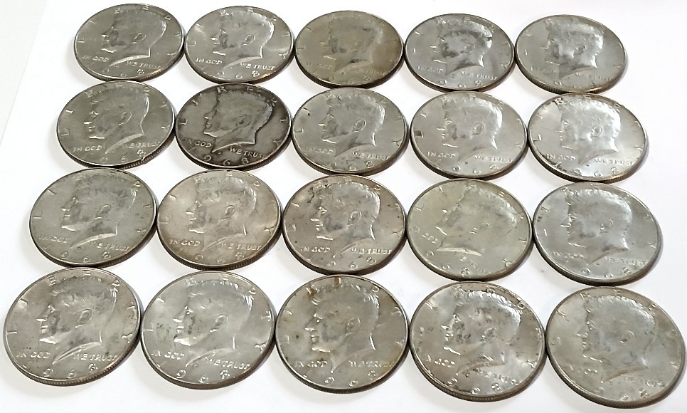 1968 D Kennedy Half Dollar - 20 Each -40% Silver - Average Circulated - 1 Roll