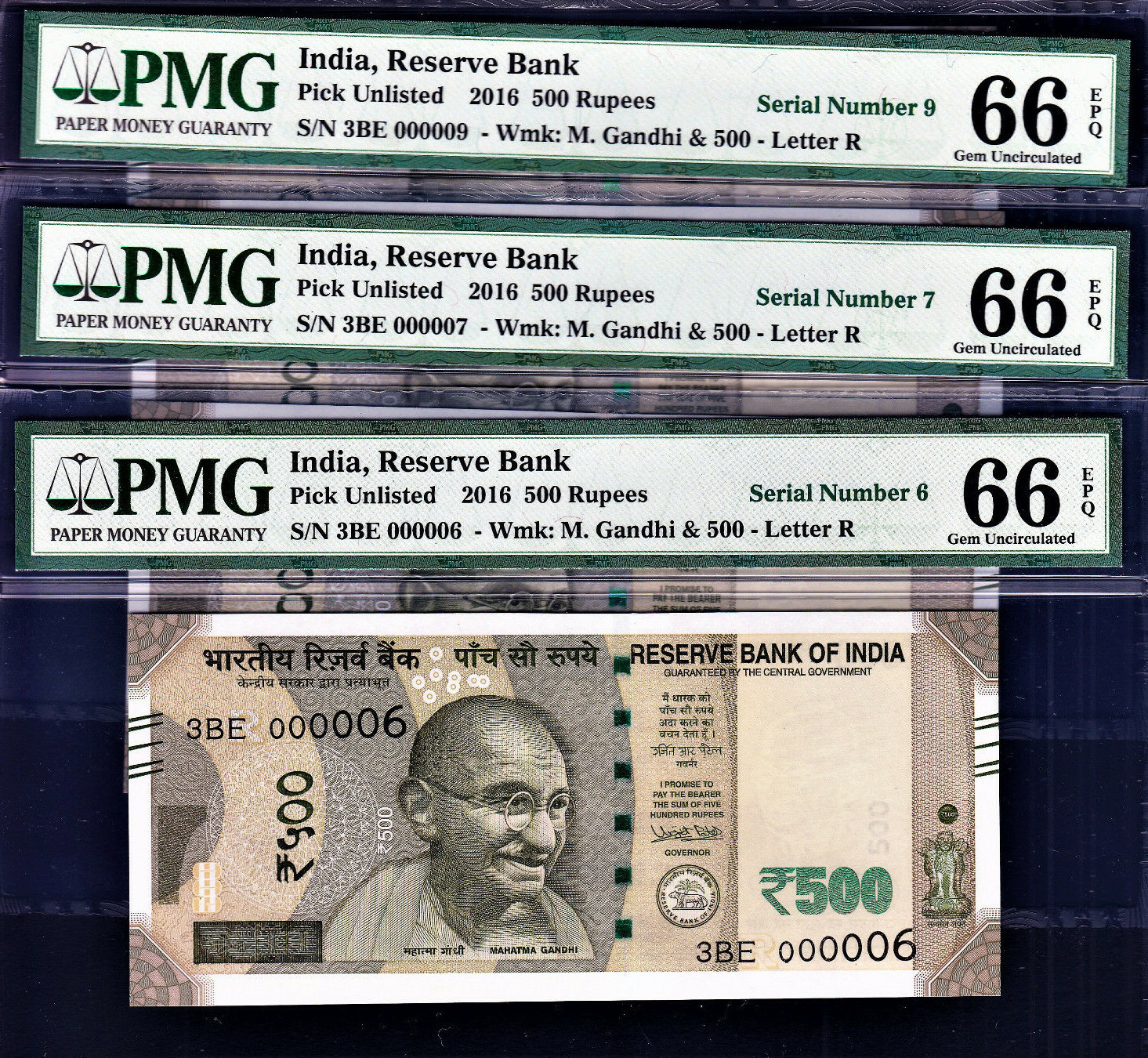 India 1 X 500 Rupees 2016 LOW Serial 000006 / 000007 / 000009 GEM UNC PMG 66 EPQ