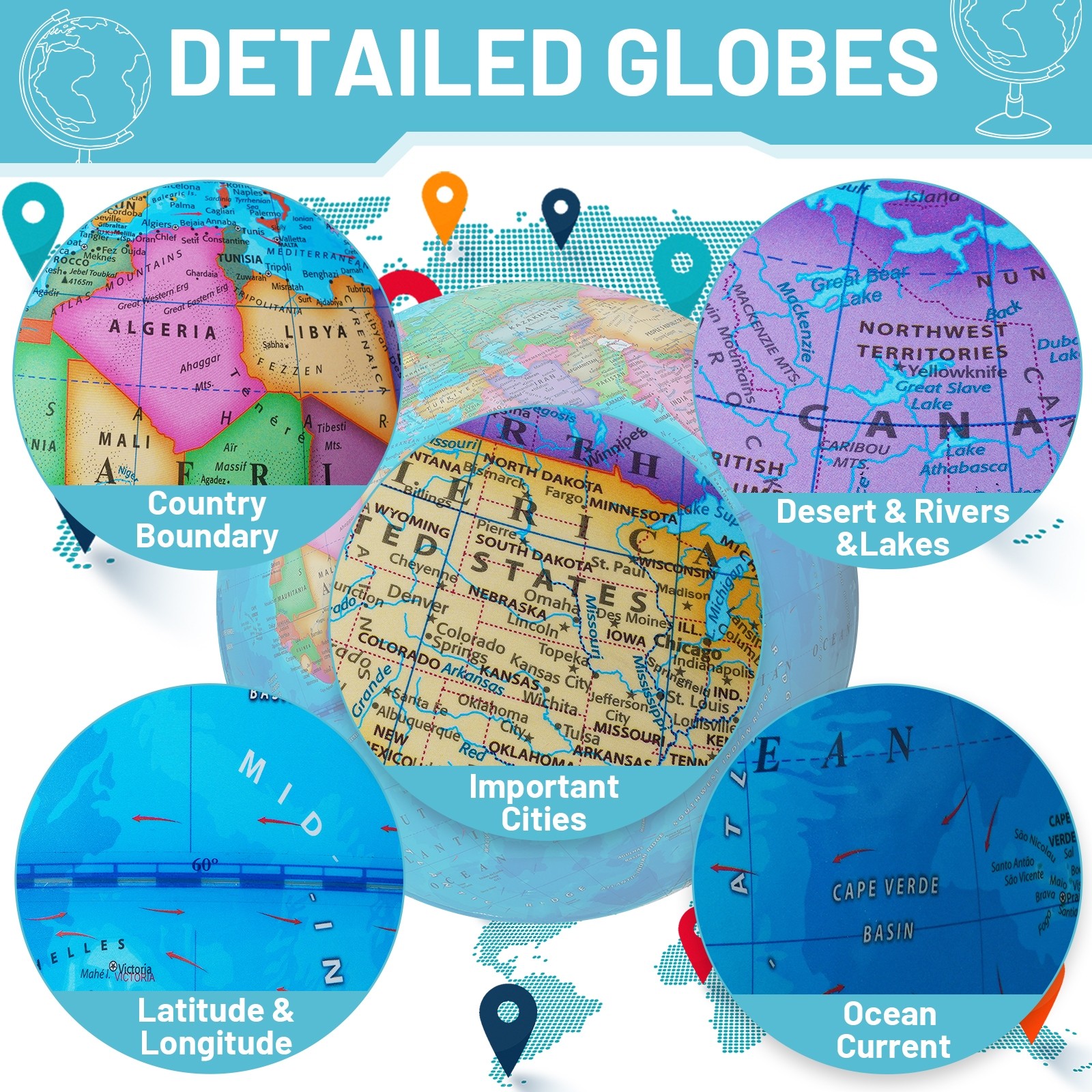 13" Illuminated Globe Map 720° Rotation with Touch Switch 3 LED Lighting Modes