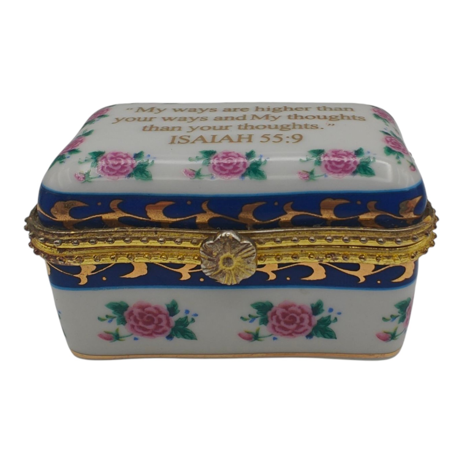 Imperial Porcelain Trinket Box Floral Rectangle Bible Verse