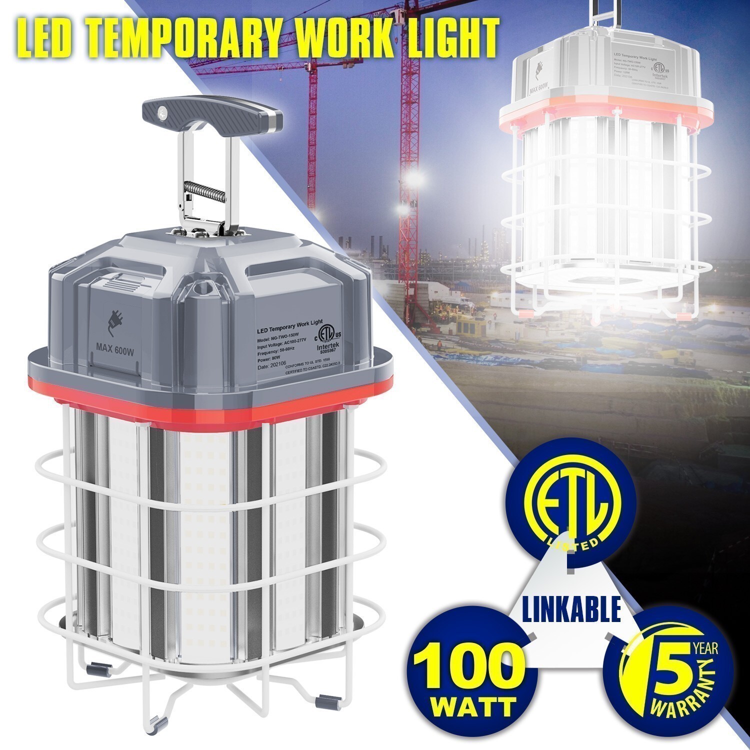 100W LED Temporary Work Light Linkable Jobsite Hanging Lamp Industrial Lighting