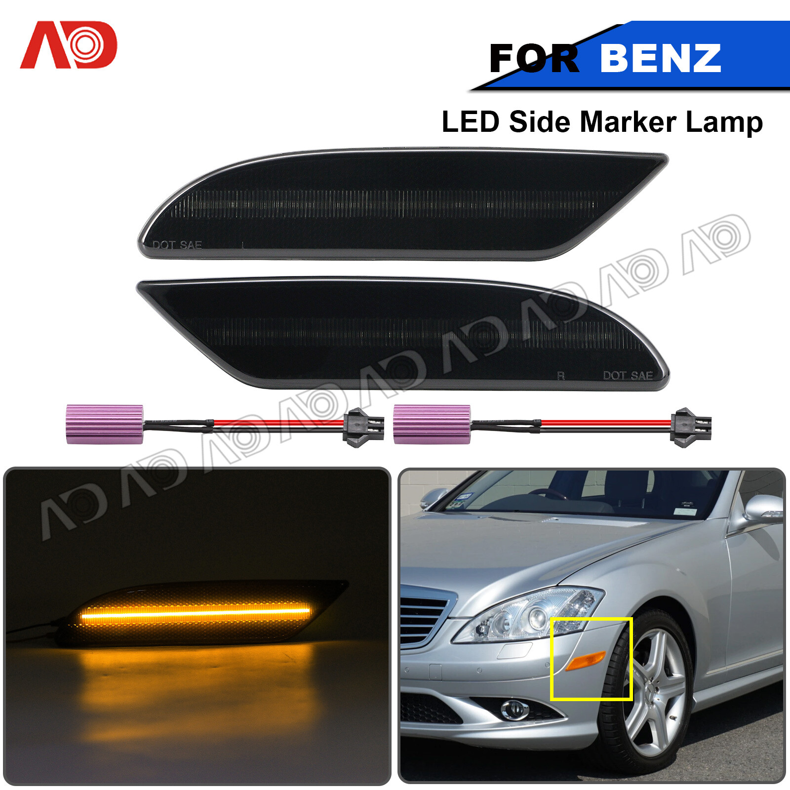 Smoke Bumper Side Marker Amber Lights For 2007-2009 Mercedes Benz W221 S550 S600