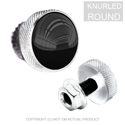 2 Silver KNURLED Billet License Plate TAG Frame Fastener Bolts - GLOSS BLACK TOP