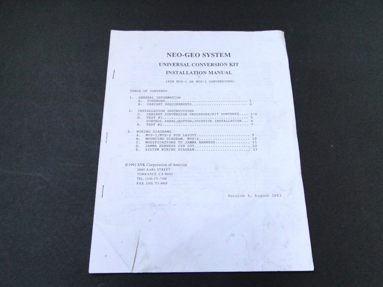 Vintage 1993 Neo-Geo System Universal Conversion Kit Installation Manual