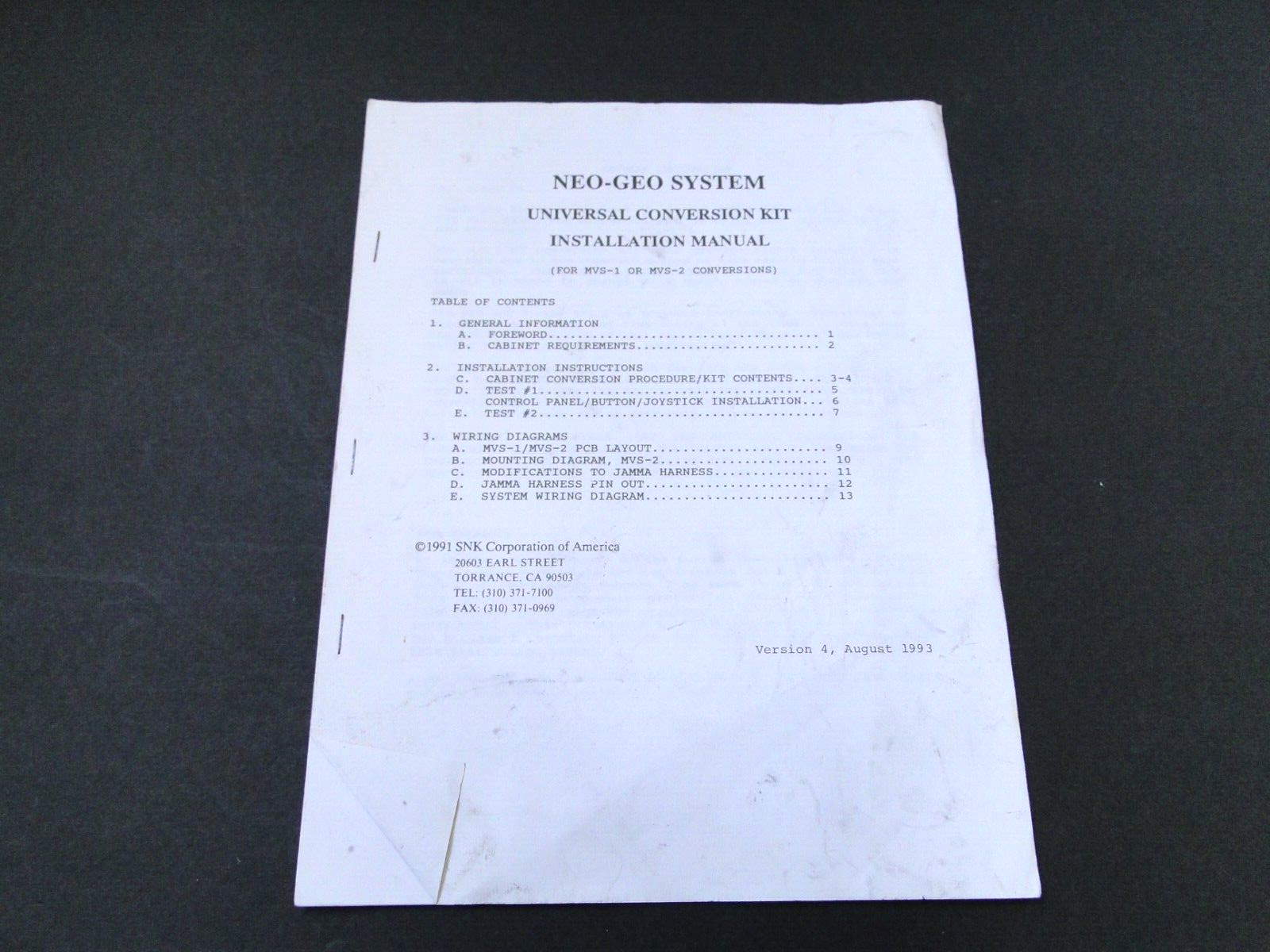 Vintage 1993 Neo-Geo System Universal Conversion Kit Installation Manual