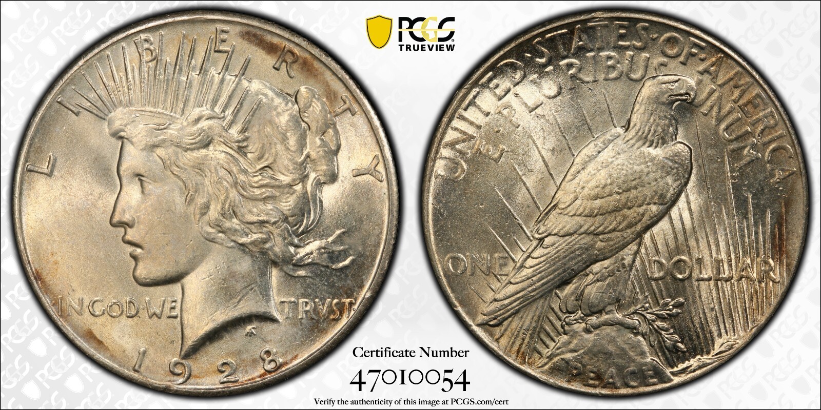 1928 PEACE DOLLAR PCGS MS 62 A BIT OF FAINT ORIGINAL BRONZE OVER WELL STRUCK