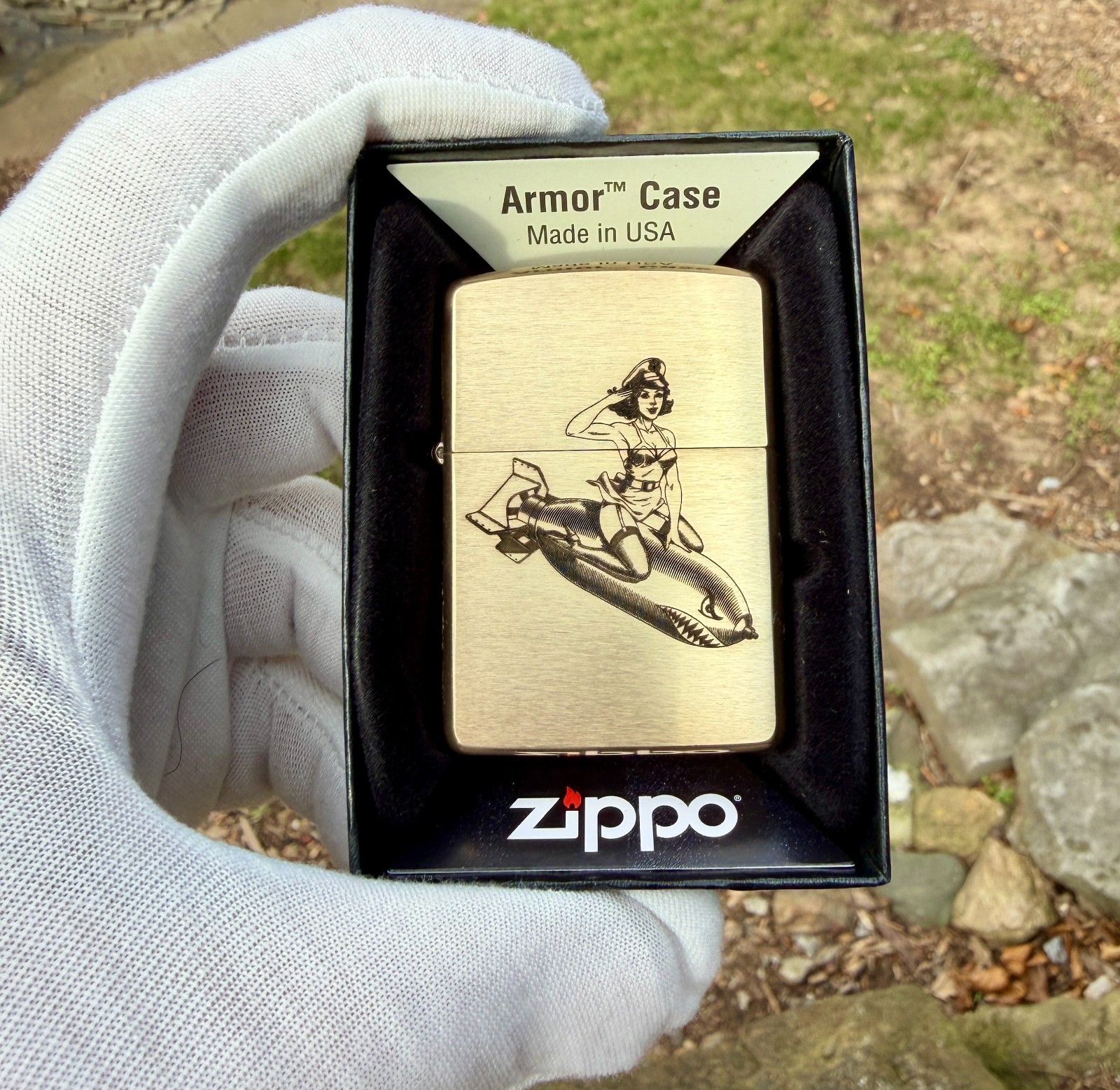 WWII Pinup Girl on Bomb Engraved Brass Armor Zippo Lighter – Made in USA